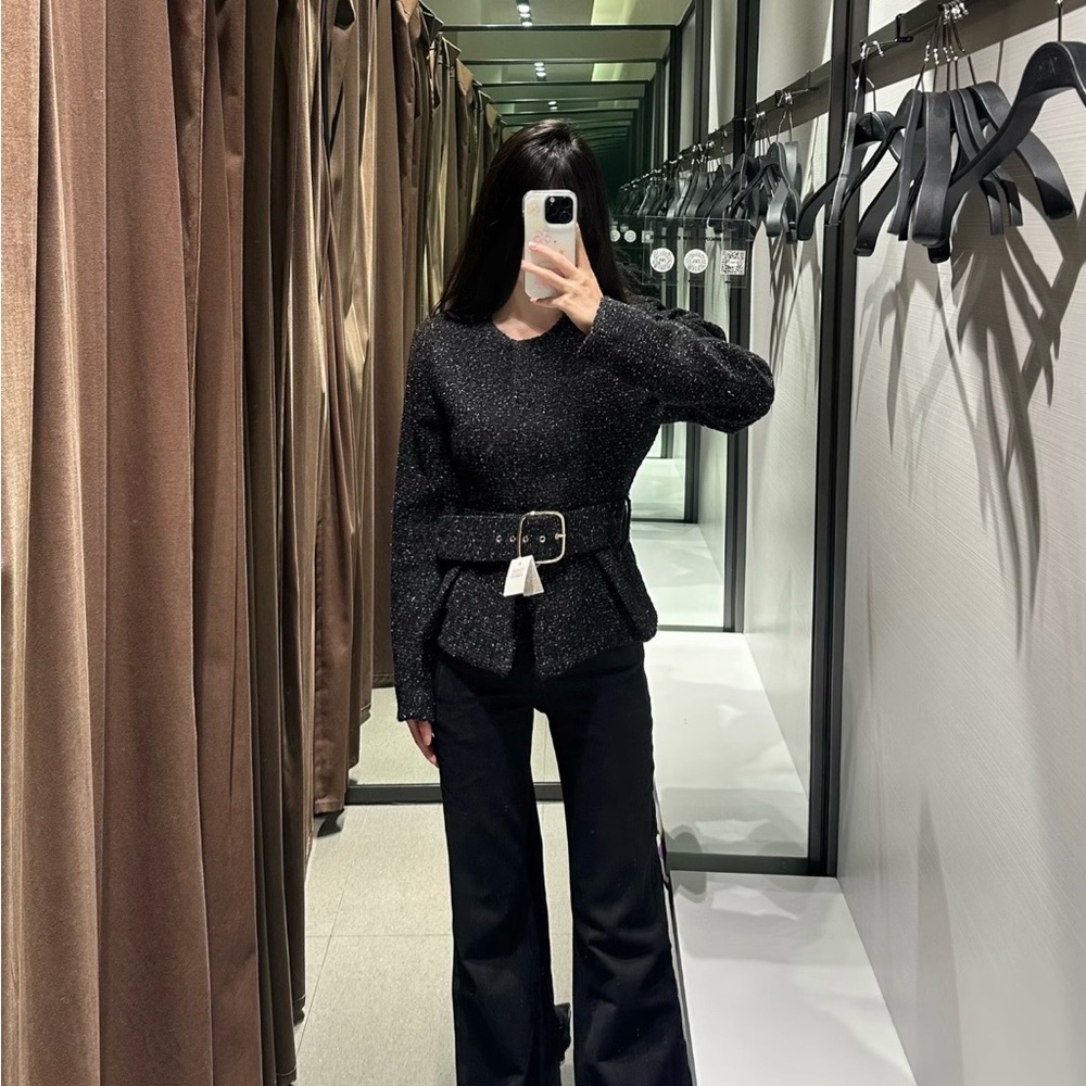 Zara Black Textured Belted Jacket